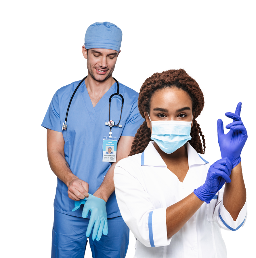 Healthcare workers putting on Glove SA nitrile gloves