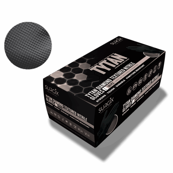 <b>Black Tytan Diamond Textured Nitrile Gloves:</b> Box R230 (1 Box), <br> Case R2100 (10 Boxes)