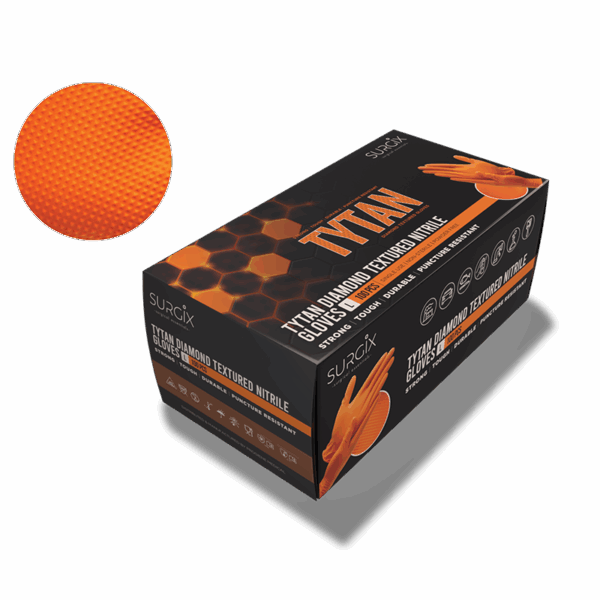 <b>Orange Tytan Diamond Textured Nitrile Gloves:</b> Box R230 (1 Box), <br> Case R2100 (10 Boxes)