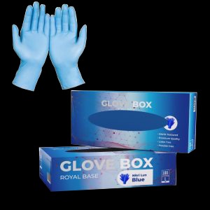 Disposable light blue gloves and glove box