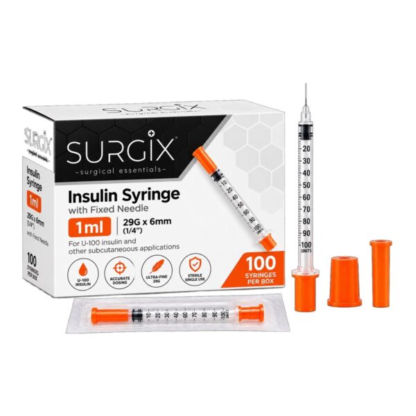 1ml insulin syringe 29G x 6mm fixed needle, box of 100