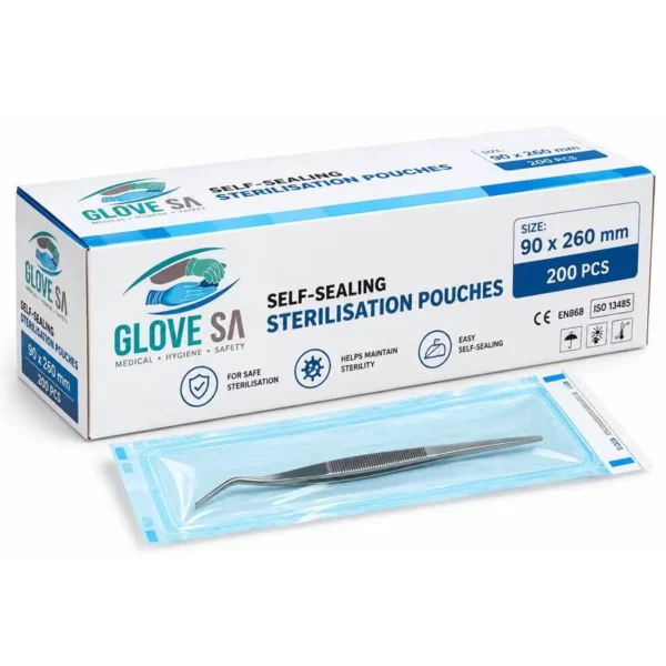 Self-sealing sterilisation pouches 90 × 260 mm, box of 200