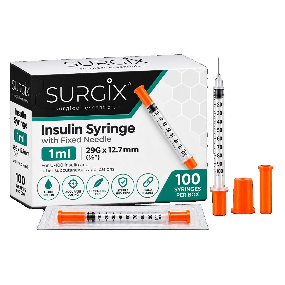 SURGIX 1ml insulin syringe with fixed needle 29G x 12.7mm, box of 100